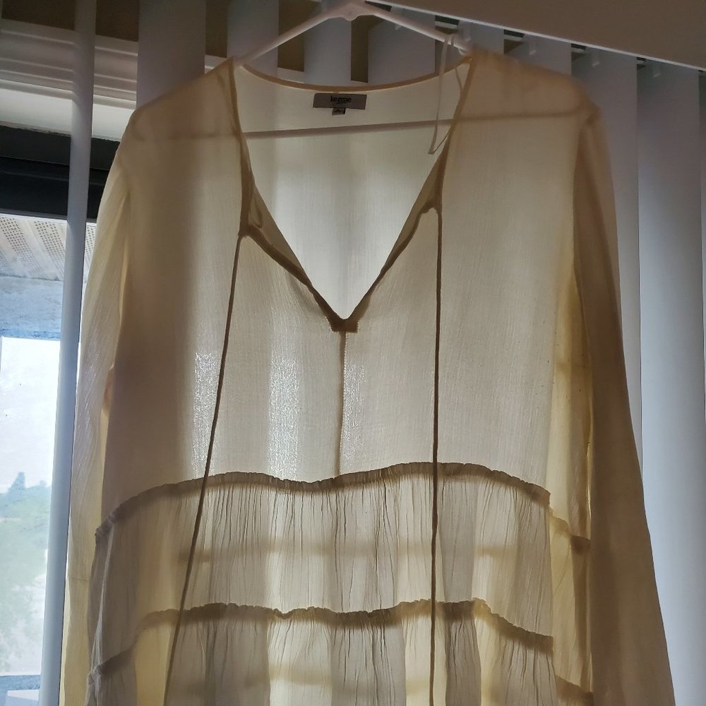 Cream Boho Blouse with Button Sleeves and Tassels